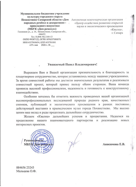 Благодарность руководства Краеведческого музея и Дома ремёсел г. Похвистнево